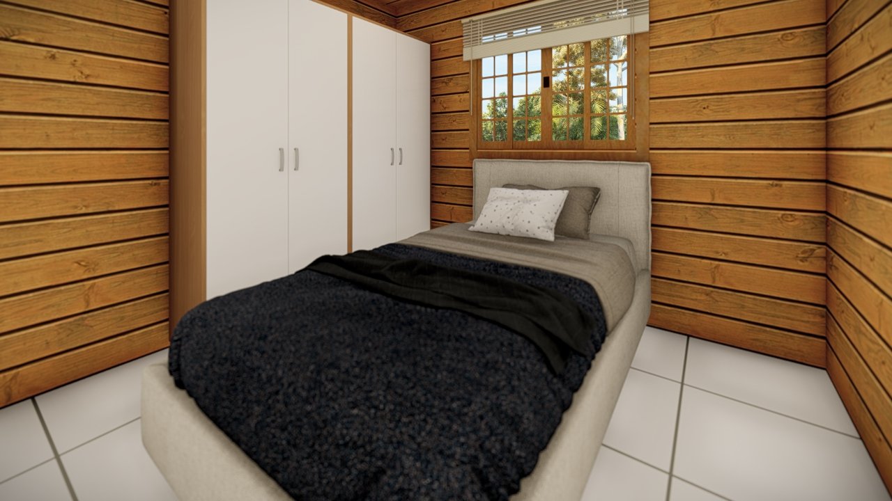 QUARTO CASA PREFABRICADA MADEIRA Casa de madeira com garagem ampla