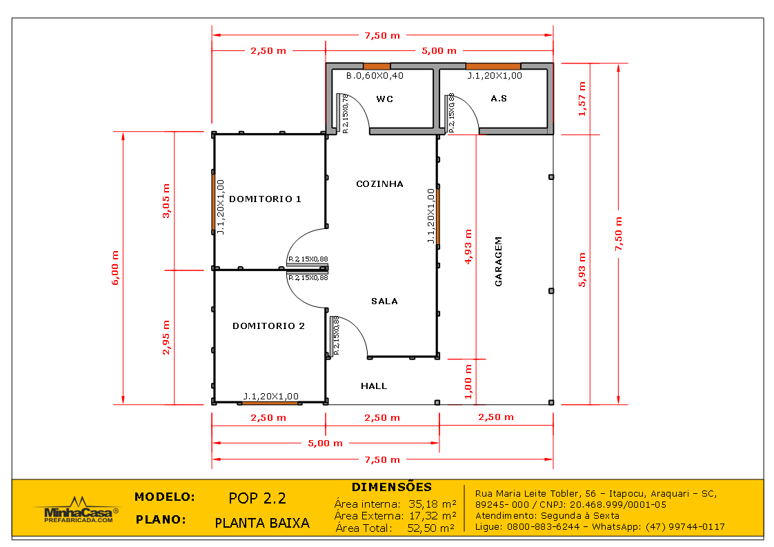 POP 2.2 de 52,50m² — Planta baixa POP 2.2 de 52,50m² pré-fabricado em madeira pinus autoclave — planta baixa