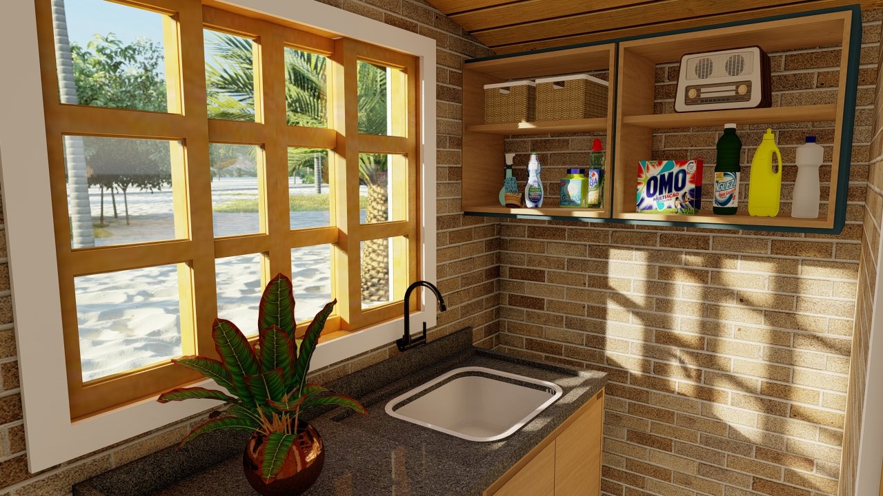 POP 2.2 de 52,50m² — Lavanderia em visão parcial POP 2.2 de 52,50m² pré-fabricado em madeira pinus autoclave — lavanderia em visão parcial