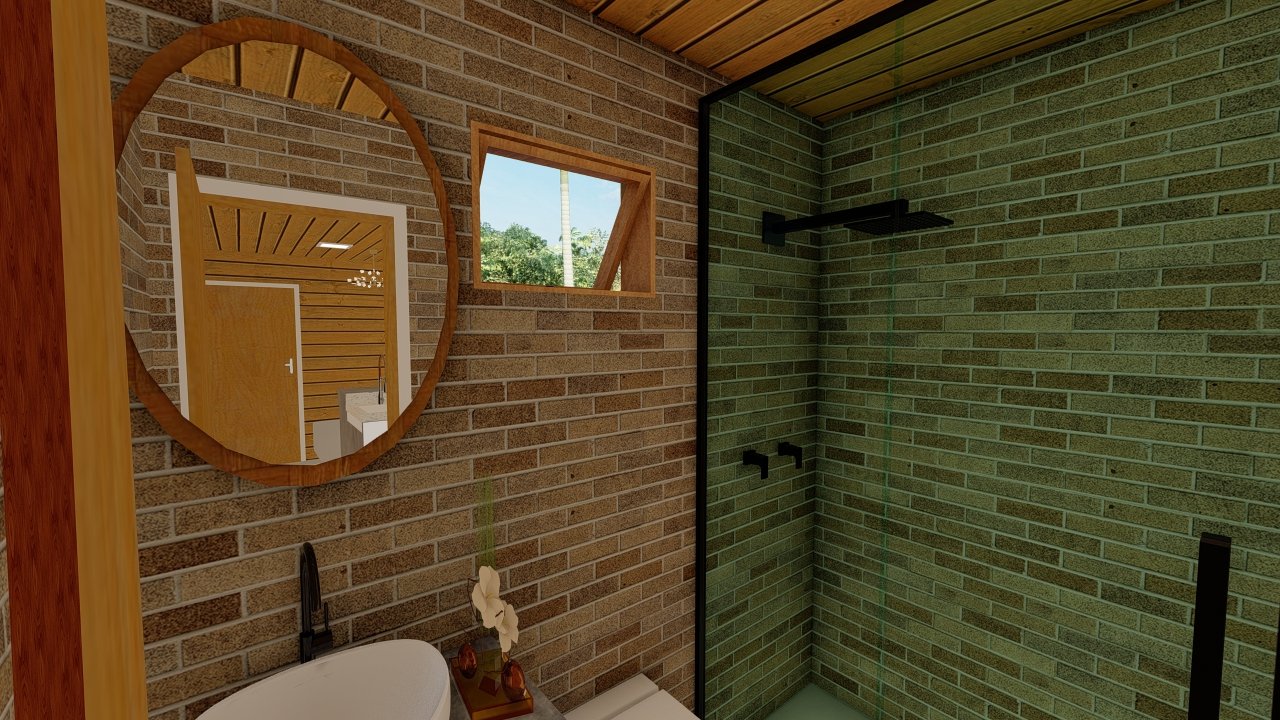 POP 2.2 de 52,50m² — Banheiro em visão geral POP 2.2 de 52,50m² pré-fabricado em madeira pinus autoclave — banheiro em visão geral