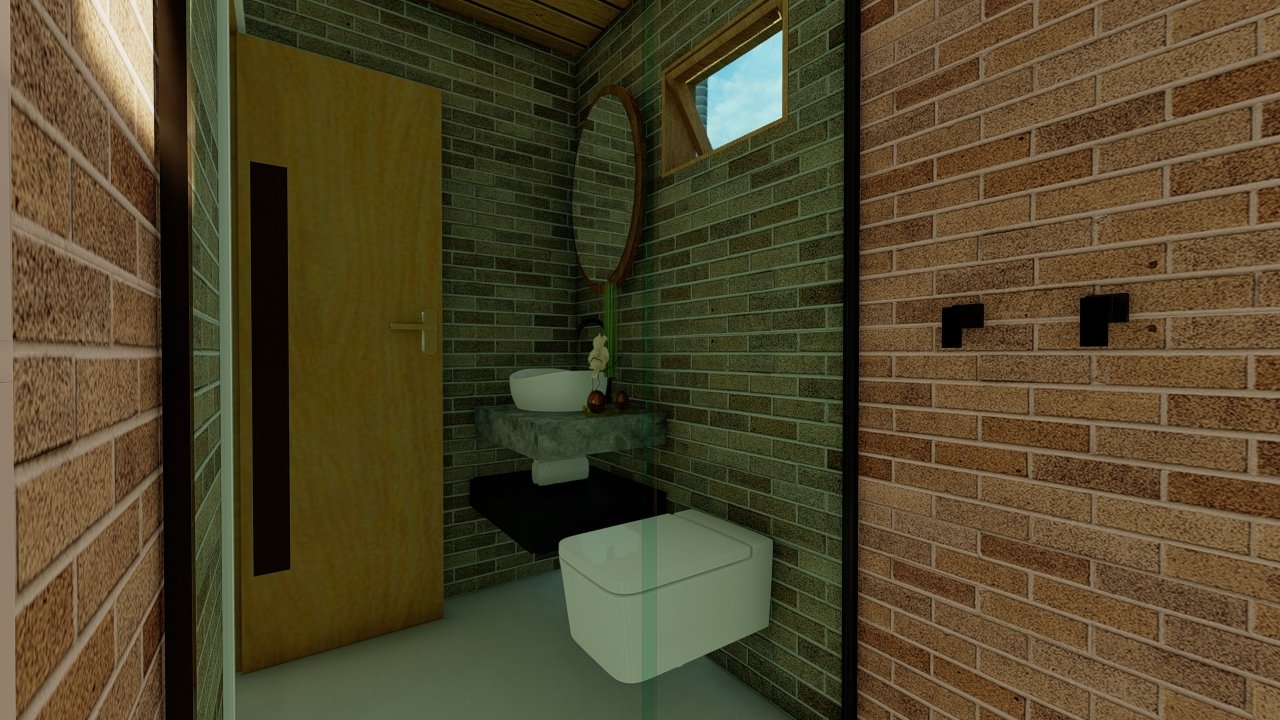 POP 2.2 de 52,50m² — Banheiro com visão do box para o restante do ambiente POP 2.2 de 52,50m² pré-fabricado em madeira pinus autoclave — banheiro com visão do box para o restante do ambiente