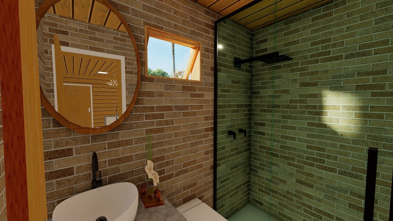 POP 2.2 de 52,50m² — Banheiro em outro ângulo POP 2.2 de 52,50m² pré-fabricado em madeira pinus autoclave — banheiro em outro ângulo