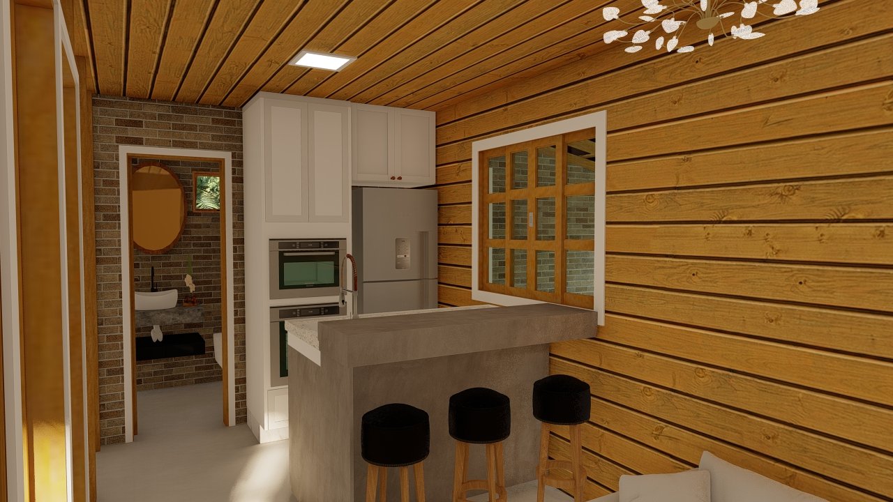 POP 2.2 de 52,50m² — Cozinha com bancada em foco POP 2.2 de 52,50m² pré-fabricado em madeira pinus autoclave — cozinha com bancada em foco