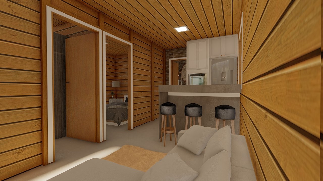 POP 2.2 de 52,50m² — Sala em foco POP 2.2 de 52,50m² pré-fabricado em madeira pinus autoclave — sala em foco