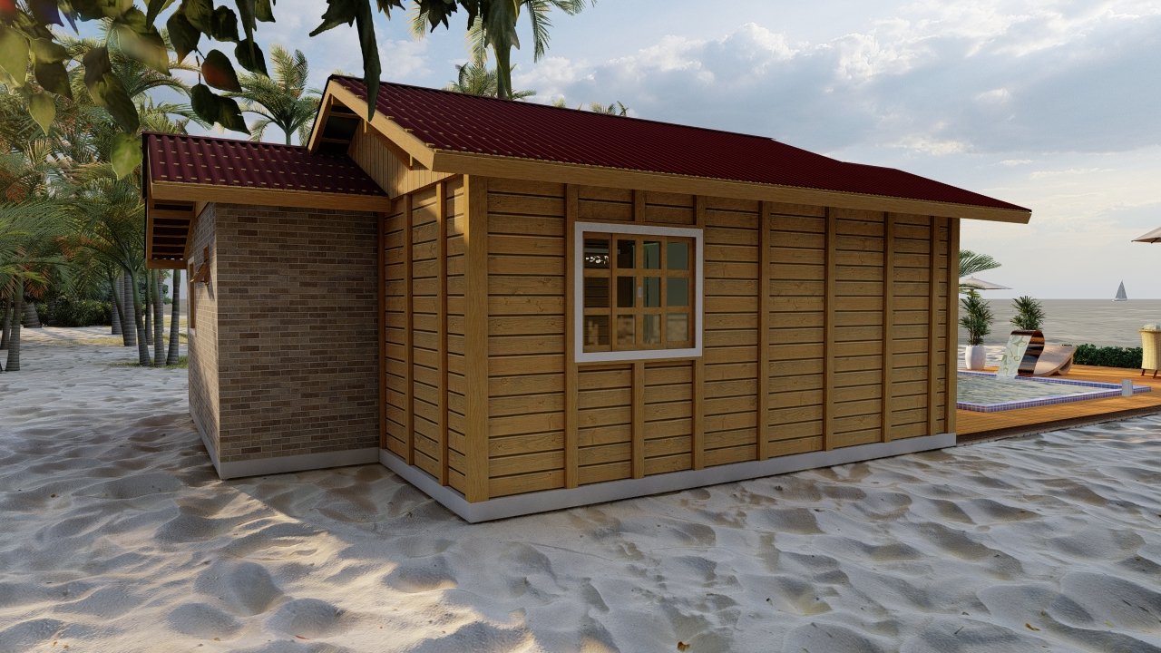 POP 2.2 de 52,50m² — Fachada posterior com lateral direita POP 2.2 de 52,50m² pré-fabricado em madeira pinus autoclave — fachada posterior com lateral direita