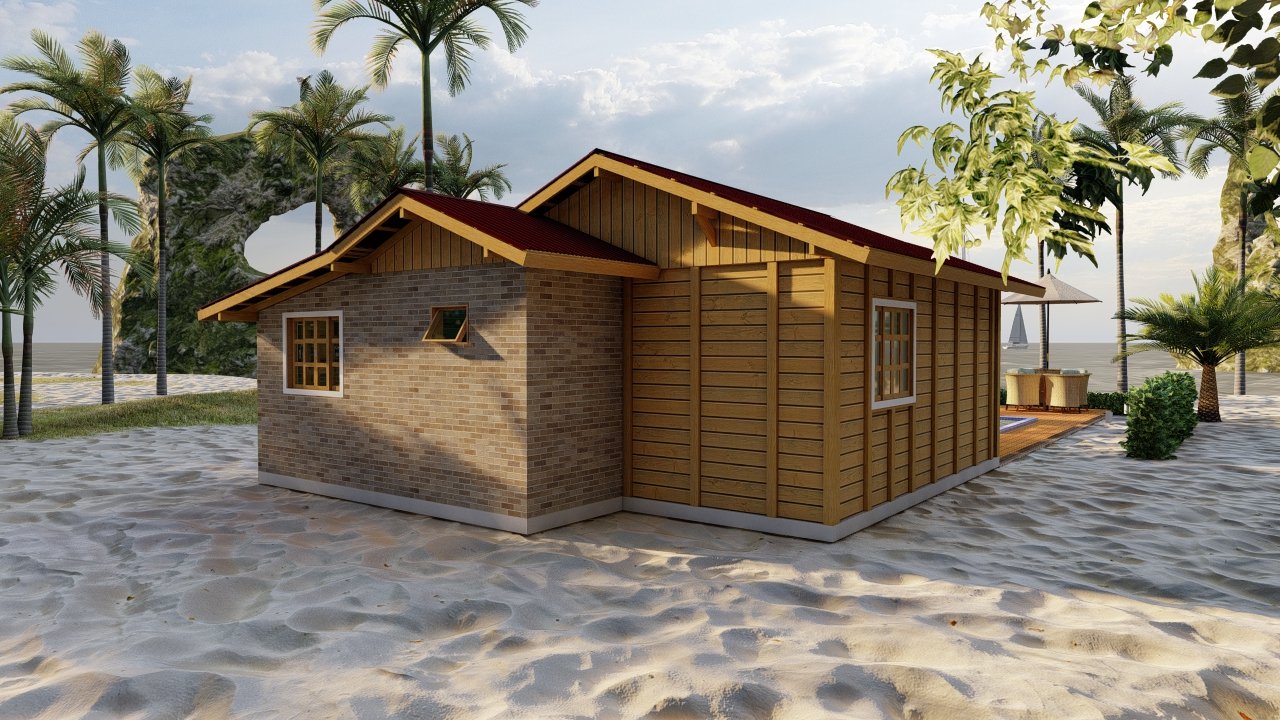 POP 2.2 de 52,50m² — Fachada posterior com lateral direita em visão distante POP 2.2 de 52,50m² pré-fabricado em madeira pinus autoclave — fachada posterior com lateral direita em visão distante