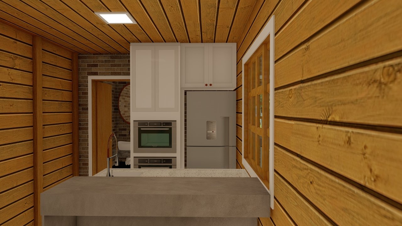 POP 2.2 de 52,50m² — Cozinha em visão alternativa POP 2.2 de 52,50m² pré-fabricado em madeira pinus autoclave — cozinha em visão alternativa