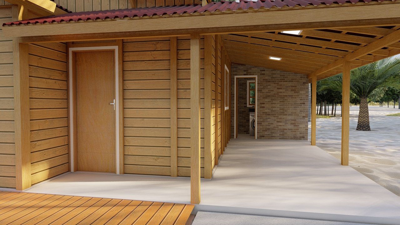 POP 2.2 de 52,50m² — Garagem com porta de entrada em foco POP 2.2 de 52,50m² pré-fabricado em madeira pinus autoclave — garagem com porta de entrada em foco