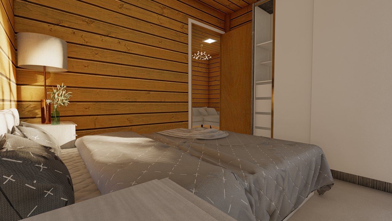 POP 2.2 de 52,50m² — Quarto em outro ângulo POP 2.2 de 52,50m² pré-fabricado em madeira pinus autoclave — quarto em outro ângulo