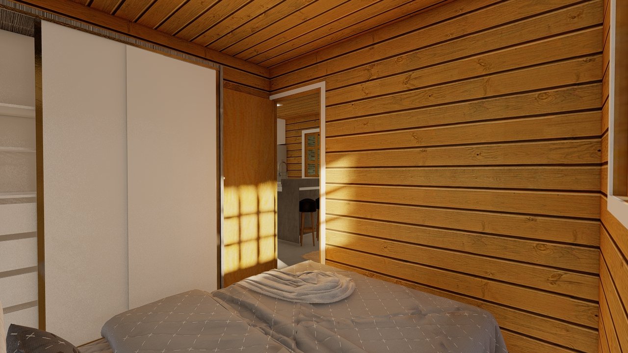 POP 2.2 de 52,50m² — Quarto em visão alternativa POP 2.2 de 52,50m² pré-fabricado em madeira pinus autoclave — quarto em visão alternativa