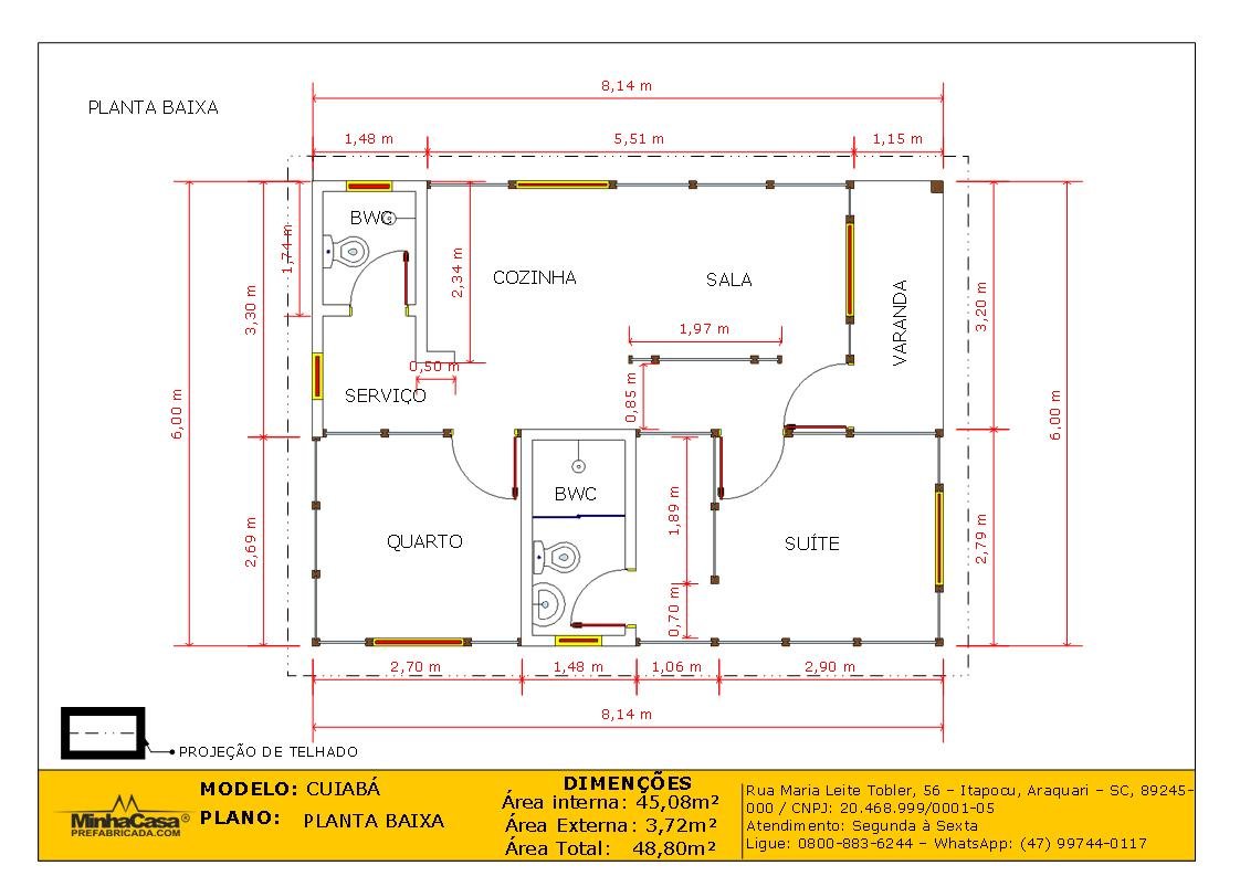 PD Cuiabá de 48,00m² — Planta baixa PD Cuiabá de 48,00m² pré-fabricado em madeira pinus autoclave — planta baixa