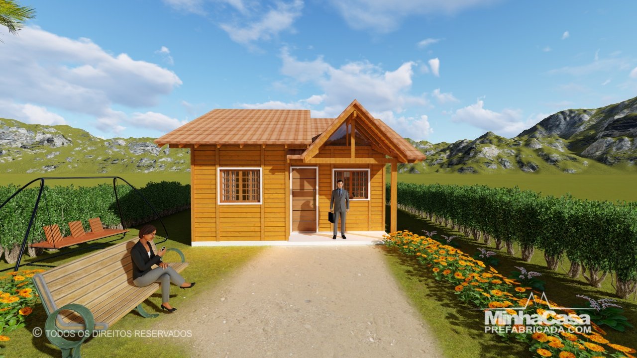 PD Cuiabá de 48,00m² — Fachada principal centralizada em visão distante PD Cuiabá de 48,00m² pré-fabricado em madeira pinus autoclave — fachada principal centralizada em visão distante