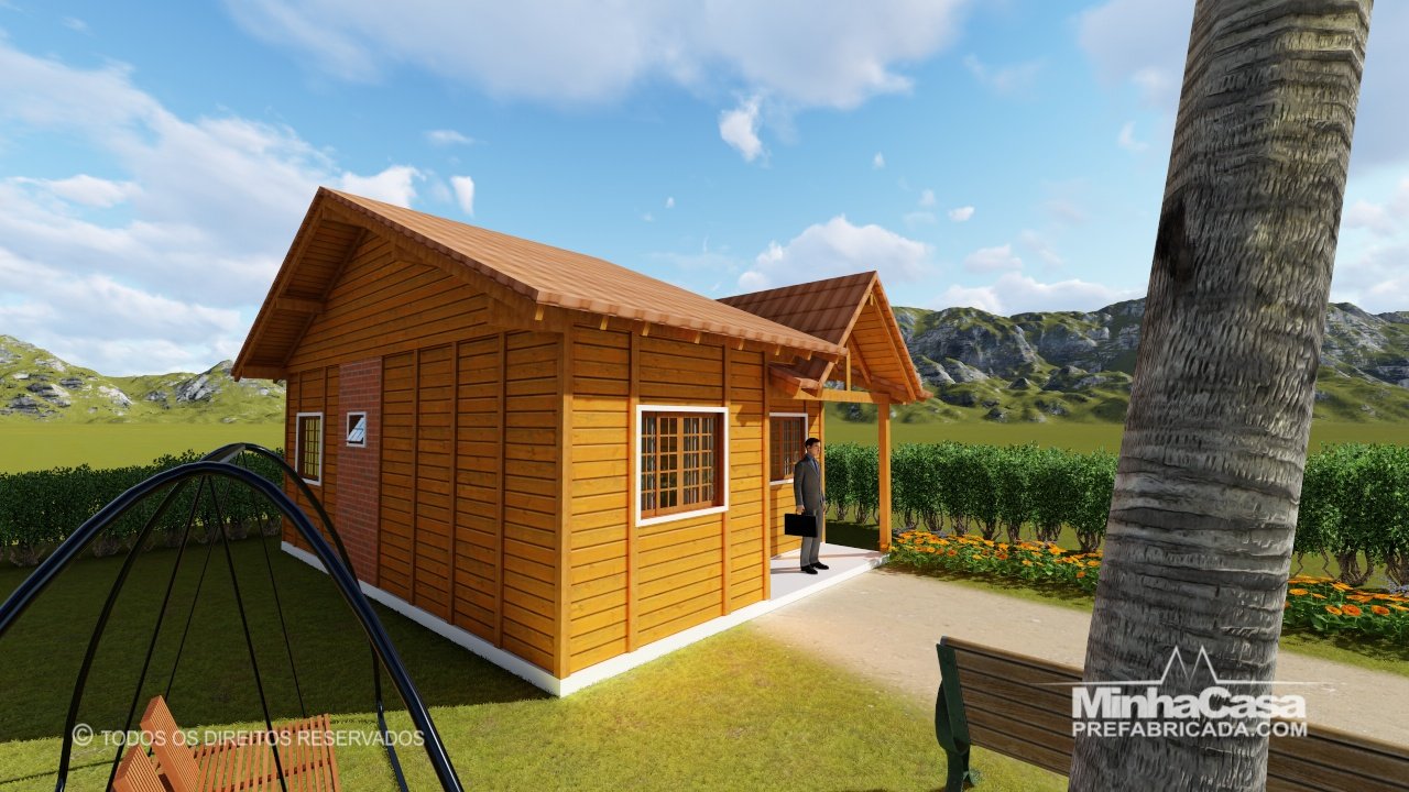 PD Cuiabá de 48,00m² — Fachada principal com lateral direita PD Cuiabá de 48,00m² pré-fabricado em madeira pinus autoclave — fachada principal com lateral direita