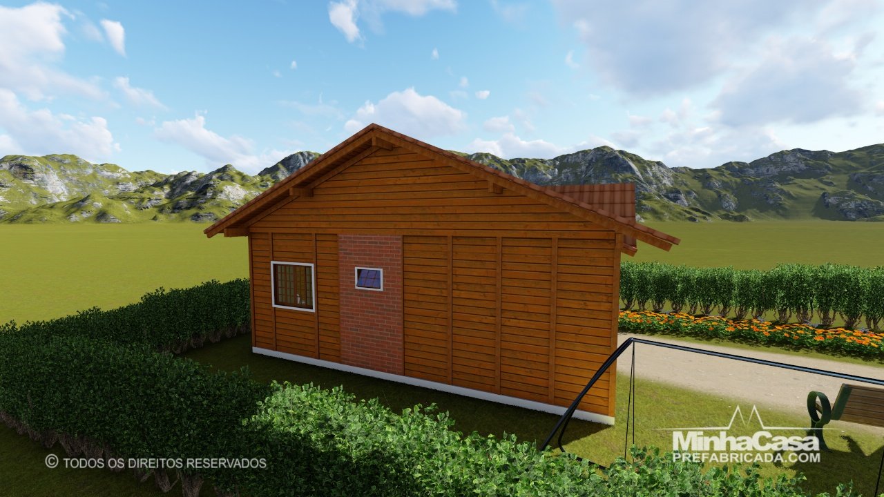 PD Cuiabá de 48,00m² — Fachada principal com lateral direita PD Cuiabá de 48,00m² pré-fabricado em madeira pinus autoclave — fachada principal com lateral direita