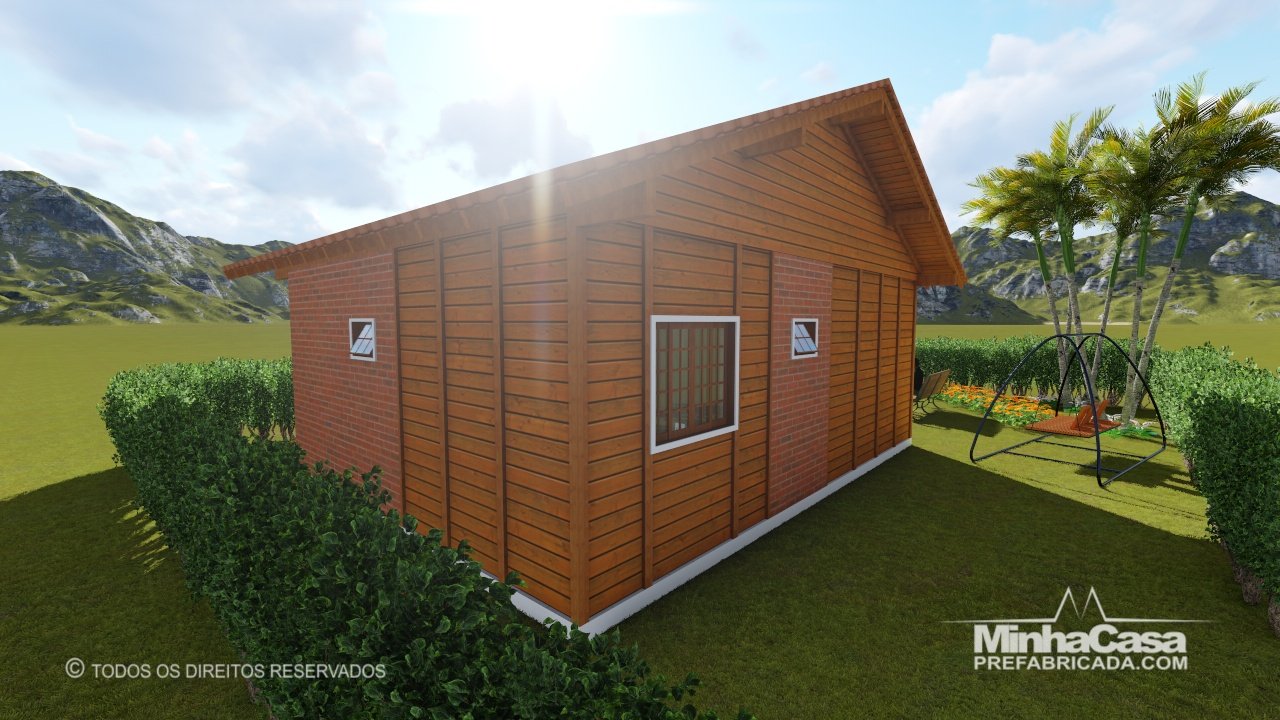PD Cuiabá de 48,00m² — Fachada posterior com lateral direita PD Cuiabá de 48,00m² pré-fabricado em madeira pinus autoclave — fachada posterior com lateral direita