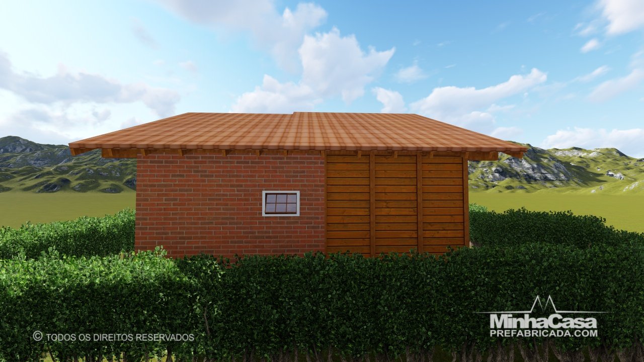 PD Cuiabá de 48,00m² — Fachada principal com lateral esquerda PD Cuiabá de 48,00m² pré-fabricado em madeira pinus autoclave — fachada principal com lateral esquerda