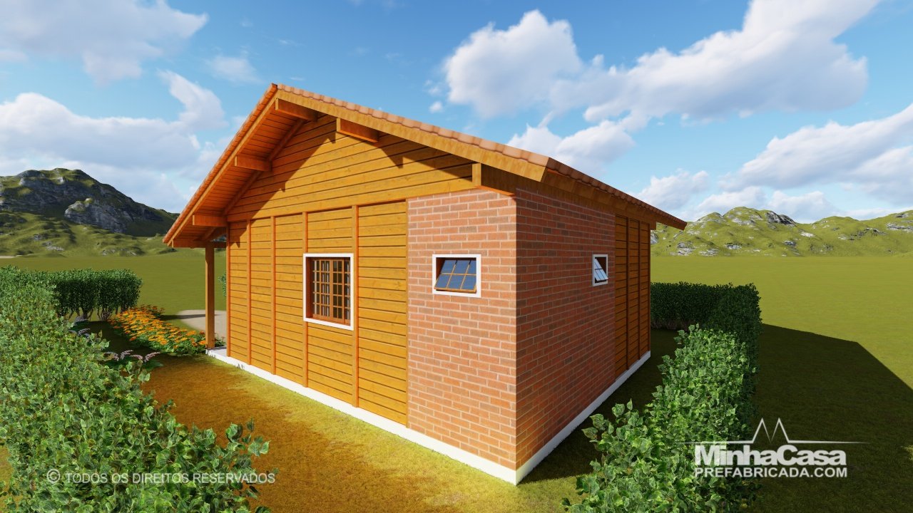 PD Cuiabá de 48,00m² — Fachada principal com lateral esquerda PD Cuiabá de 48,00m² pré-fabricado em madeira pinus autoclave — fachada principal com lateral esquerda