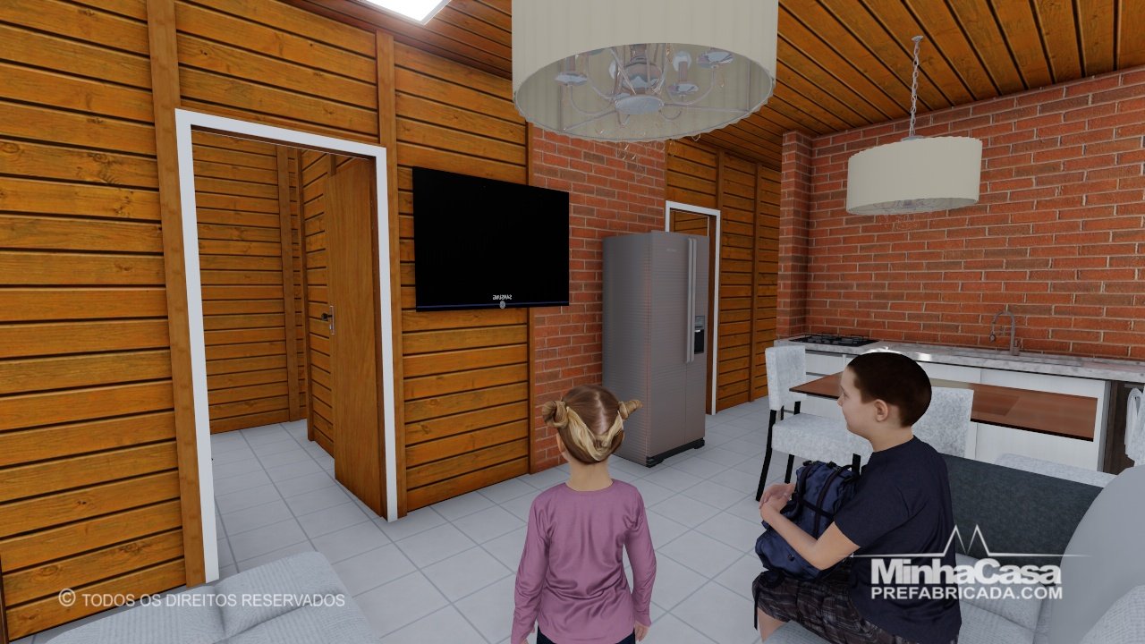 PD Cuiabá de 48,00m² — Fachada principal com lateral esquerda em ângulo diferente PD Cuiabá de 48,00m² pré-fabricado em madeira pinus autoclave — fachada principal com lateral esquerda em ângulo diferente