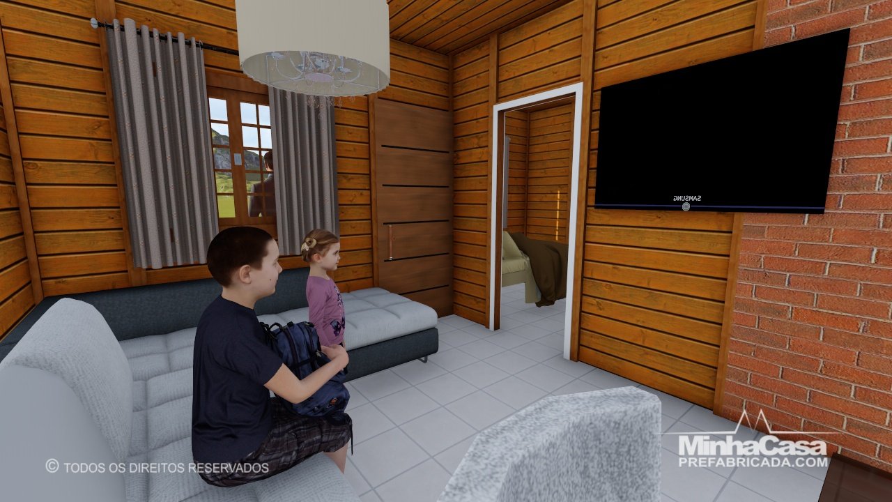 PD Cuiabá de 48,00m² — Sala em foco com ambiente integrado PD Cuiabá de 48,00m² pré-fabricado em madeira pinus autoclave — sala em foco com ambiente integrado