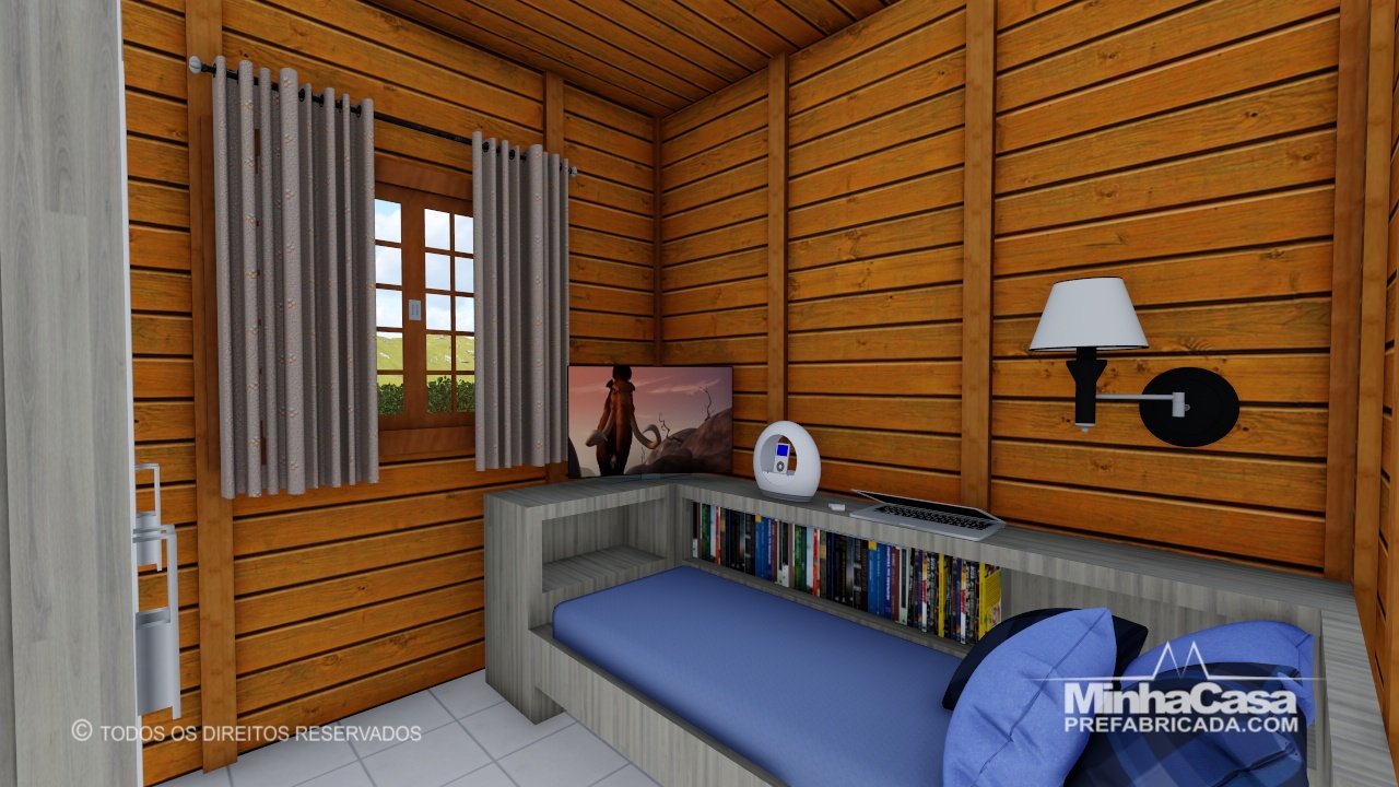 PD Cuiabá de 48,00m² — Quarto em foco PD Cuiabá de 48,00m² pré-fabricado em madeira pinus autoclave — quarto em foco