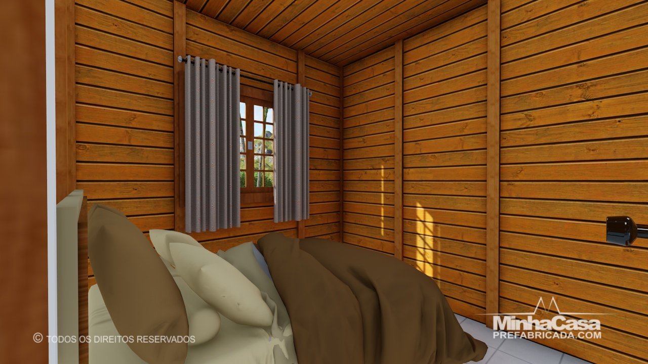 PD Cuiabá de 48,00m² — Segundo quarto em foco PD Cuiabá de 48,00m² pré-fabricado em madeira pinus autoclave — segundo quarto em foco