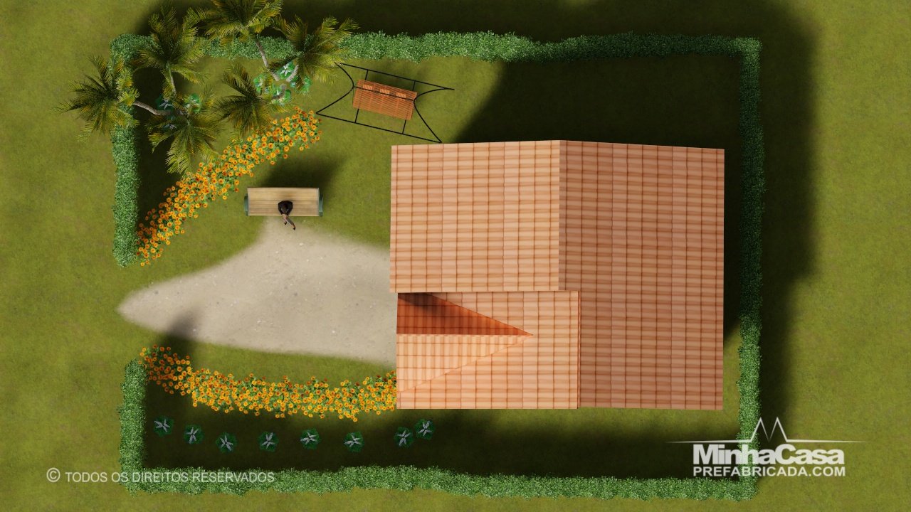 PD Cuiabá de 48,00m² — Visão superior do telhado e entorno PD Cuiabá de 48,00m² pré-fabricado em madeira pinus autoclave — visão superior do telhado e entorno