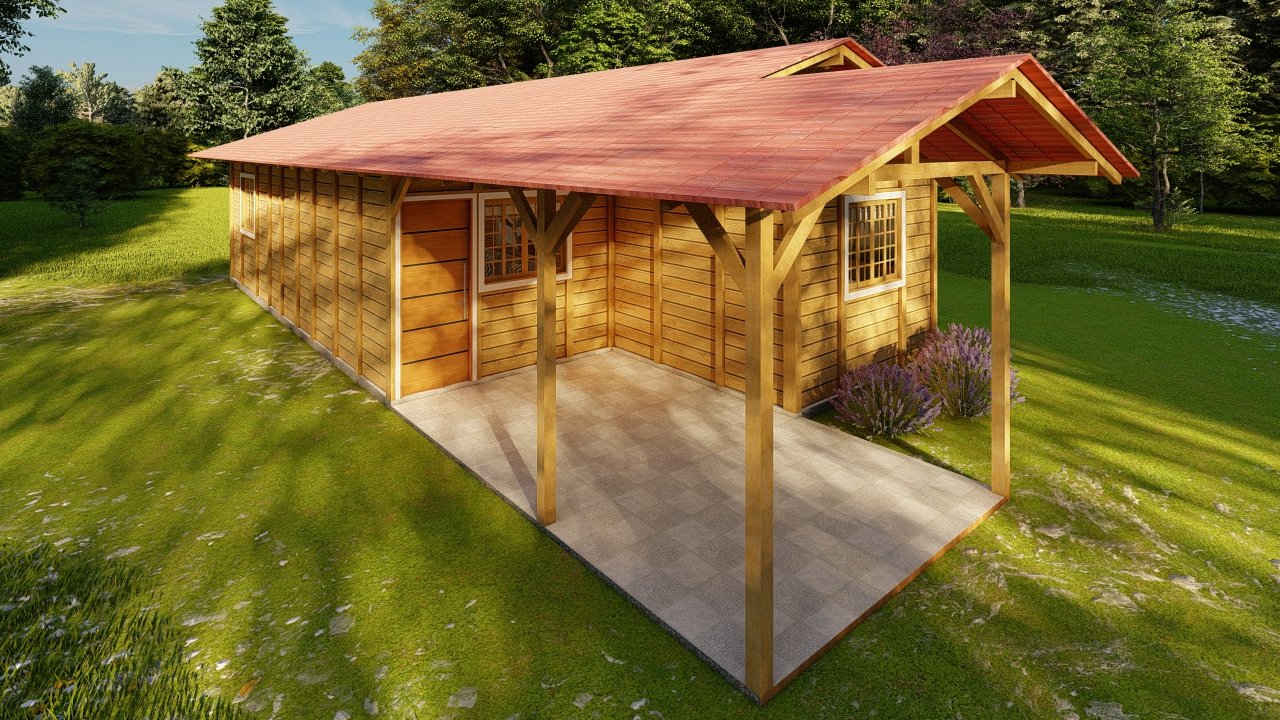 Casa de madeira com garagem e 3 quartos