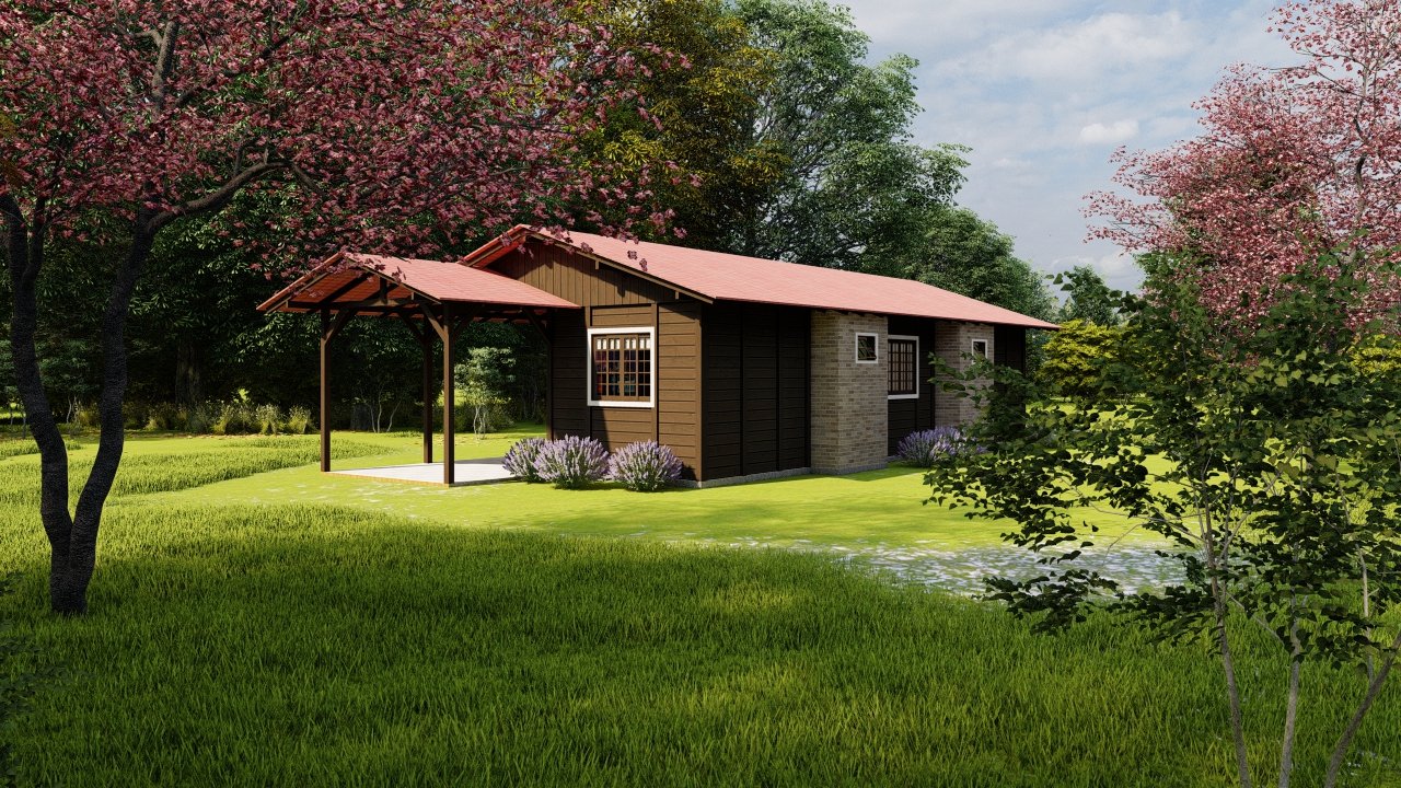 Casa de madeira com garagem e varanda Casa de madeira com garagem e varanda