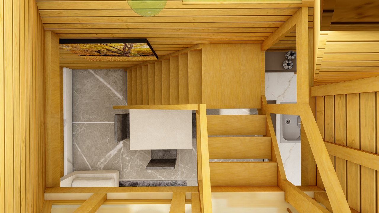 Visão aérea interna – Pousada Pop 1-3 Visão geral da escada e mezanino – Pousada Pop 1-3