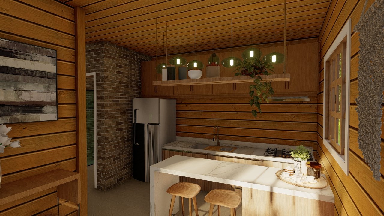 POP 1.3 de 34,35m² — Cozinha em visão ampla e espaçosa POP 1.3 de 34,35m² pré-fabricado em madeira pinus autoclave — cozinha em visão ampla e espaçosa