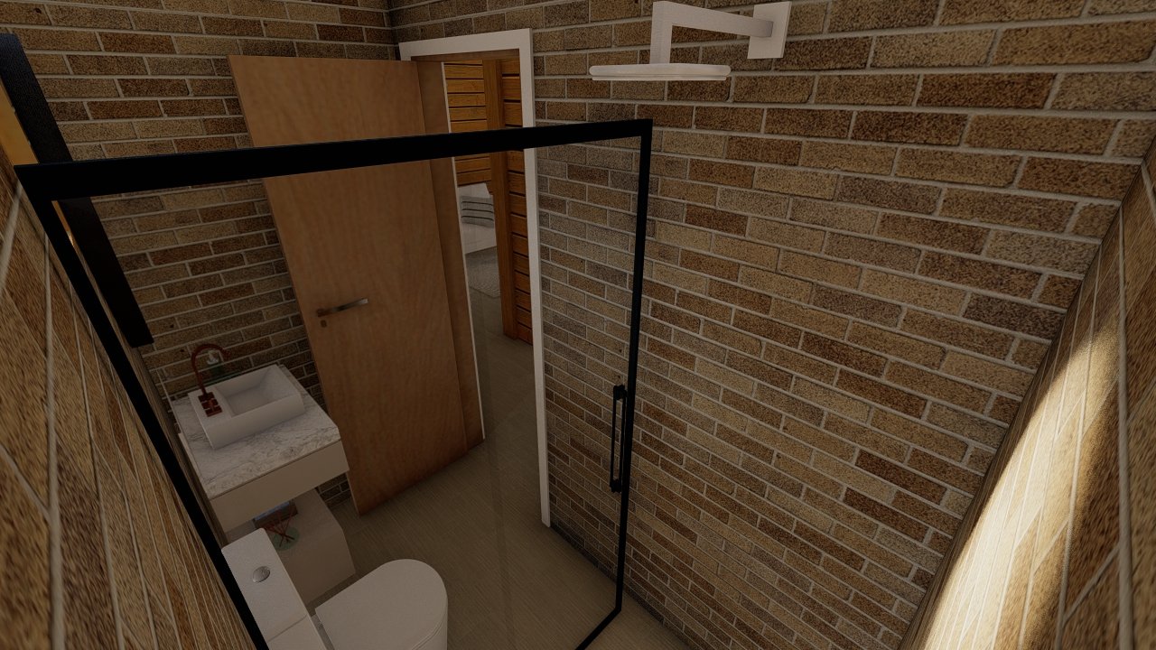 POP 1.3 de 34,35m² — Banheiro em visão superior ampla POP 1.3 de 34,35m² pré-fabricado em madeira pinus autoclave — banheiro em visão superior ampla