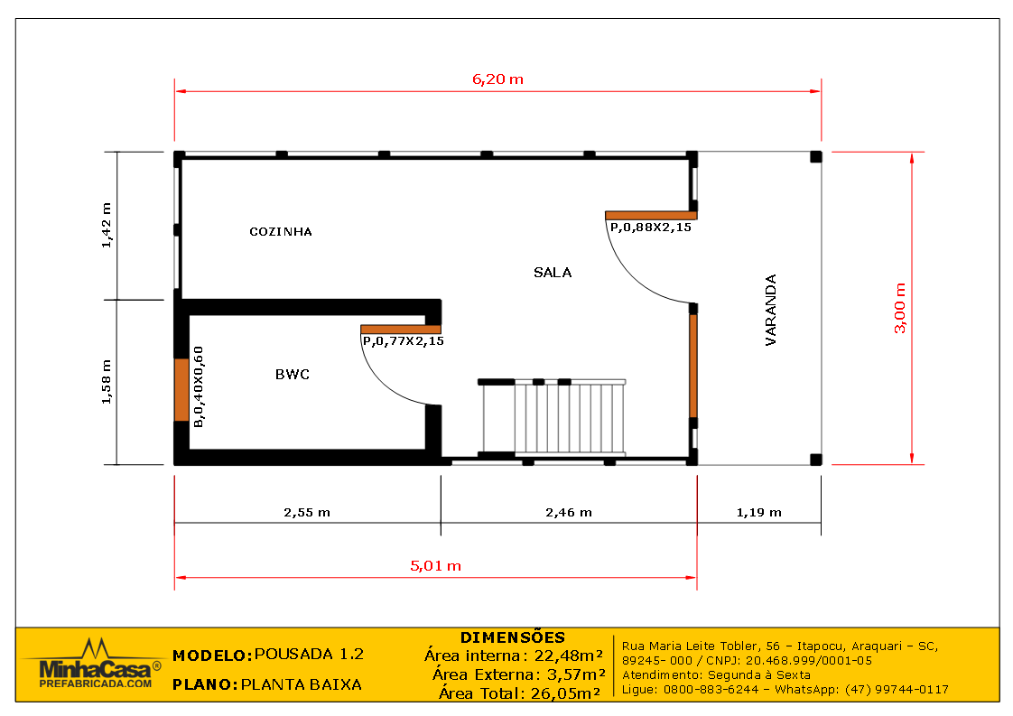 Planta baixa térrea da Pousada POP 1.2 — 24,70M² Planta baixa do piso térreo da Pousada POP 1.2 em madeira pinus autoclave