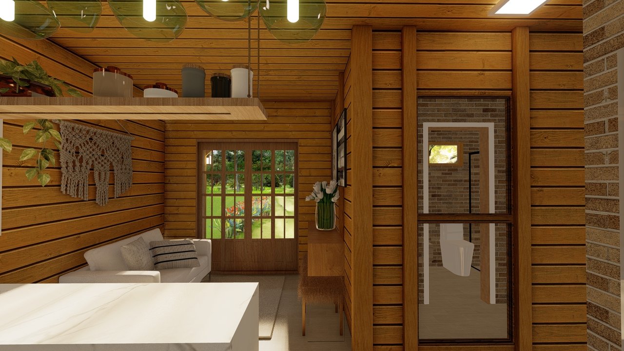 POP 1.3 de 34,35m² — Cozinha em visão para sala e corredor POP 1.3 de 34,35m² pré-fabricado em madeira pinus autoclave — cozinha em visão para sala e corredor