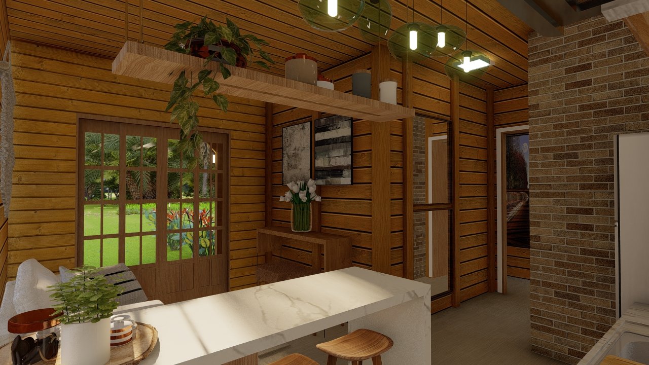 POP 1.3 de 34,35m² — Interior em visão geral do kit POP 1.3 de 34,35m² pré-fabricado em madeira pinus autoclave — interior em visão geral do kit