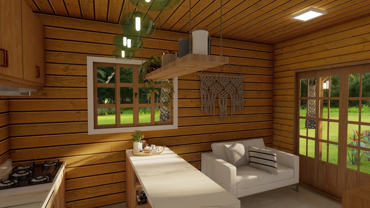POP 1.3 de 34,35m² — Interior em foco na sala e cozinha conjugadas POP 1.3 de 34,35m² pré-fabricado em madeira pinus autoclave — interior em foco na sala e cozinha conjugadas