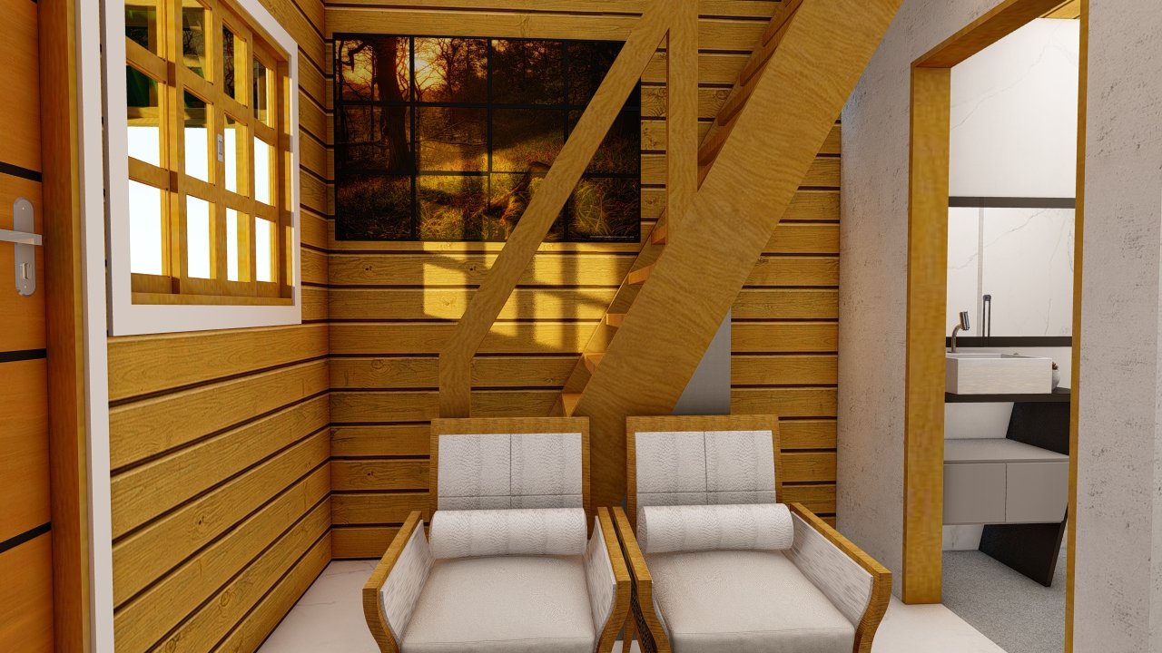 Interior da Pousada POP 1.2 — sala com escada e porta do banheiro Sala da Pousada POP 1.2 com visão da escada e porta do banheiro