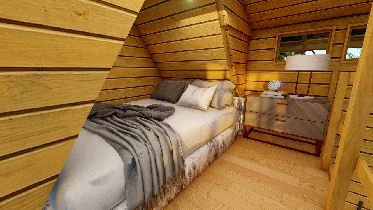 Interior da Pousada POP 1.2 — quarto no mezanino Quarto no mezanino da Pousada POP 1.2 pré-fabricada