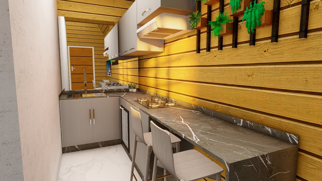 Interior da Pousada POP 1.2 — cozinha Cozinha da Pousada POP 1.2 pré-fabricada em madeira pinus autoclave