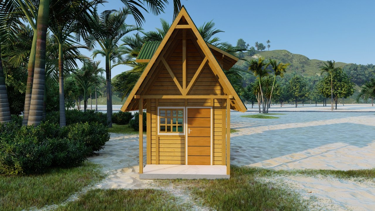 Pousada POP 1.2 pré-fabricada — fachada principal Fachada principal da Pousada POP 1.2 em madeira pinus autoclave