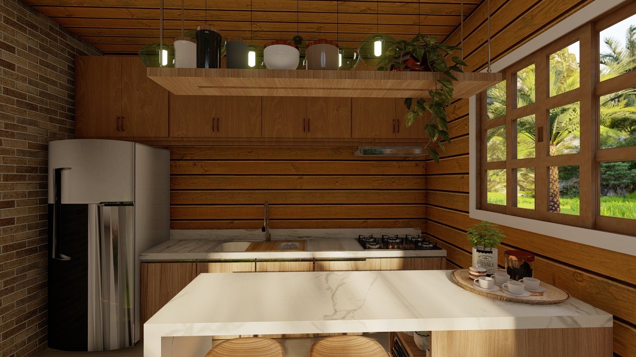POP 1.3 de 34,35m² — Cozinha em visão central POP 1.3 de 34,35m² pré-fabricado em madeira pinus autoclave — cozinha em visão central