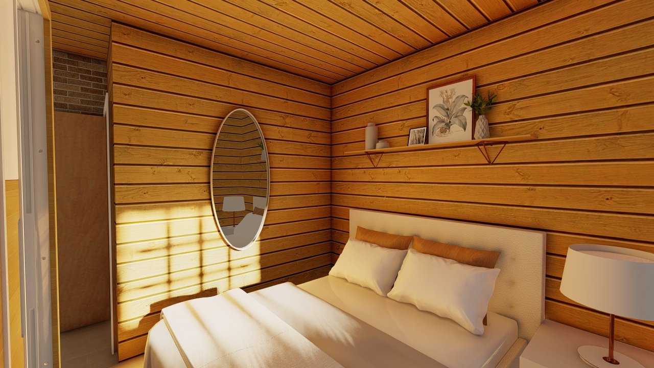 POP 1.3 de 34,35m² — Quarto com cama em foco POP 1.3 de 34,35m² pré-fabricado em madeira pinus autoclave — quarto com cama em foco