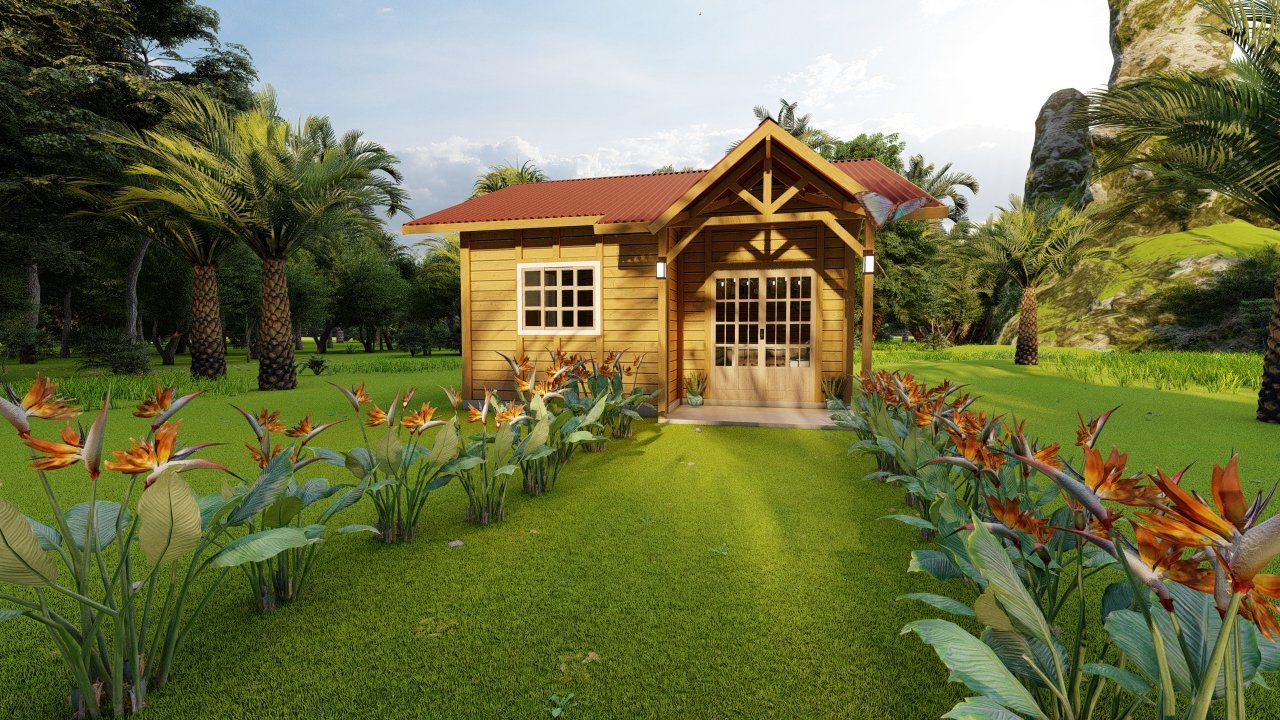 POP 1.3 de 34,35m² — Fachada principal com paisagismo de entrada POP 1.3 de 34,35m² pré-fabricado em madeira pinus autoclave — fachada principal com paisagismo de entrada