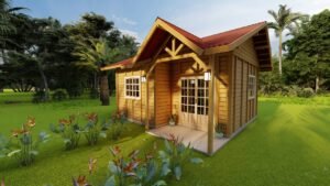 POP 1.3 de 34,35m² pré-fabricado em madeira pinus autoclave — fachada principal em visão distante