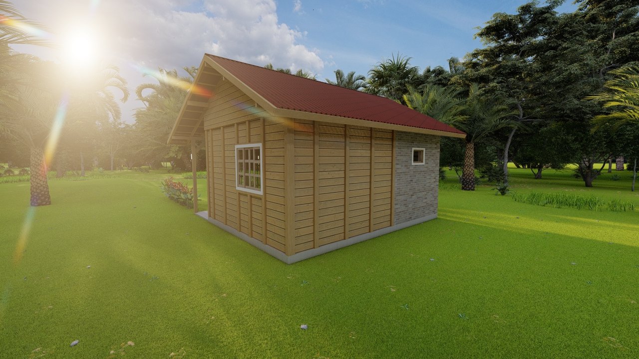 POP 1.3 de 34,35m² — Fachada posterior em visão ampla com entorno POP 1.3 de 34,35m² pré-fabricado em madeira pinus autoclave — fachada posterior em visão ampla com entorno