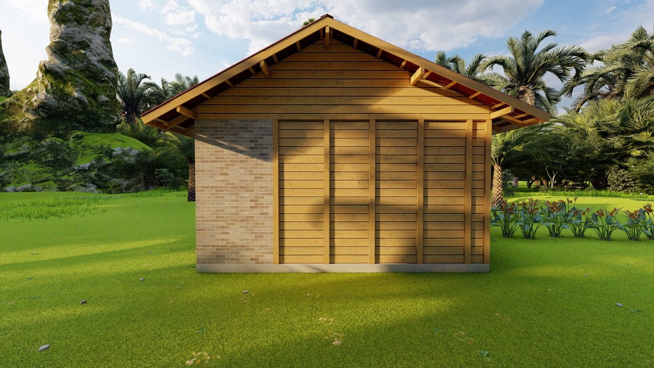 POP 1.3 de 34,35m² — Fachada lateral direita POP 1.3 de 34,35m² pré-fabricado em madeira pinus autoclave — fachada lateral direita