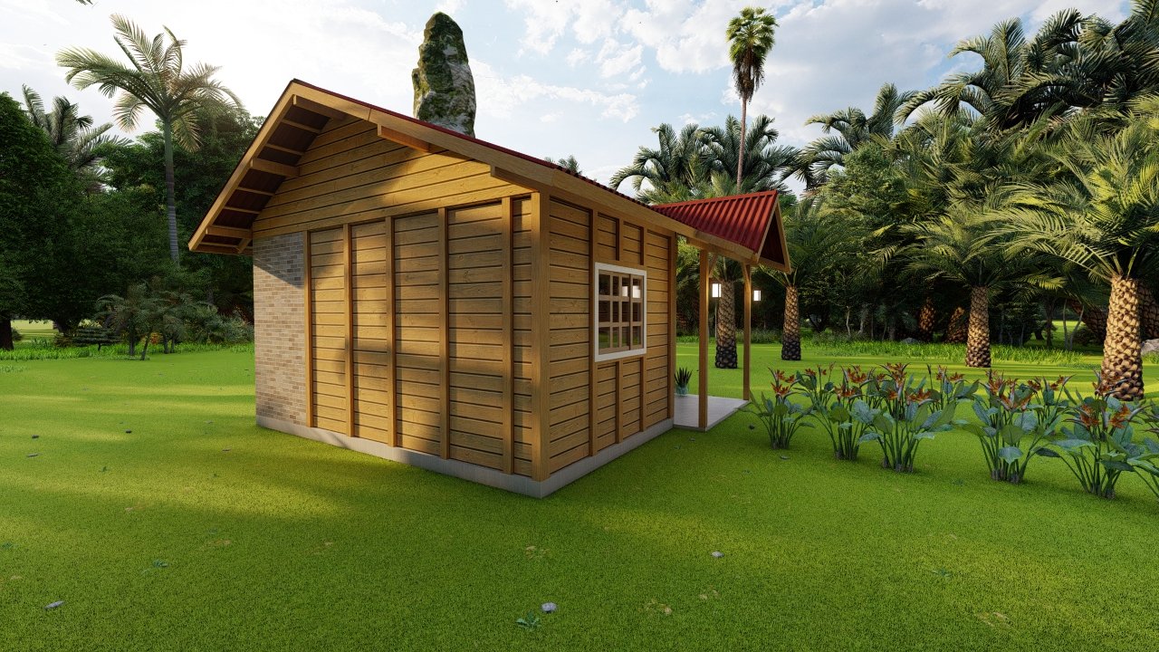 POP 1.3 de 34,35m² — Fachada lateral esquerda com parte da fachada principal POP 1.3 de 34,35m² pré-fabricado em madeira pinus autoclave — fachada lateral esquerda com parte da fachada principal