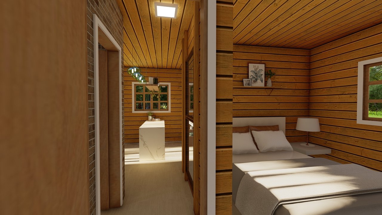 POP 1.3 de 34,35m² — Quarto em visão parcial com corredor POP 1.3 de 34,35m² pré-fabricado em madeira pinus autoclave — quarto em visão parcial com corredor