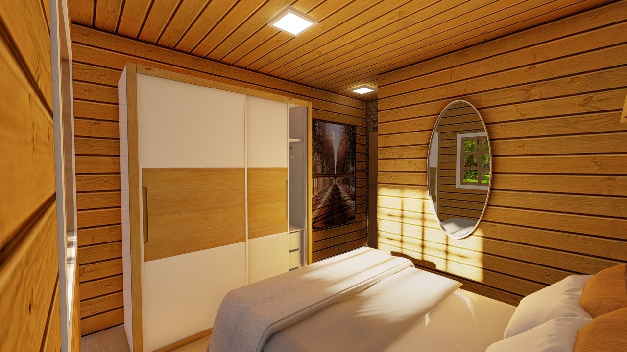 POP 1.3 de 34,35m² — Quarto em visão da parede para a porta principal POP 1.3 de 34,35m² pré-fabricado em madeira pinus autoclave — quarto em visão da parede para a porta principal