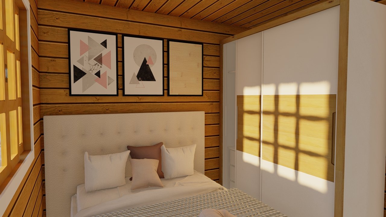 POP 2.4 45,81m² — Quarto com visão da janela POP 2.4 45,81m² pré-fabricado em madeira pinus autoclave — quarto com visão da janela