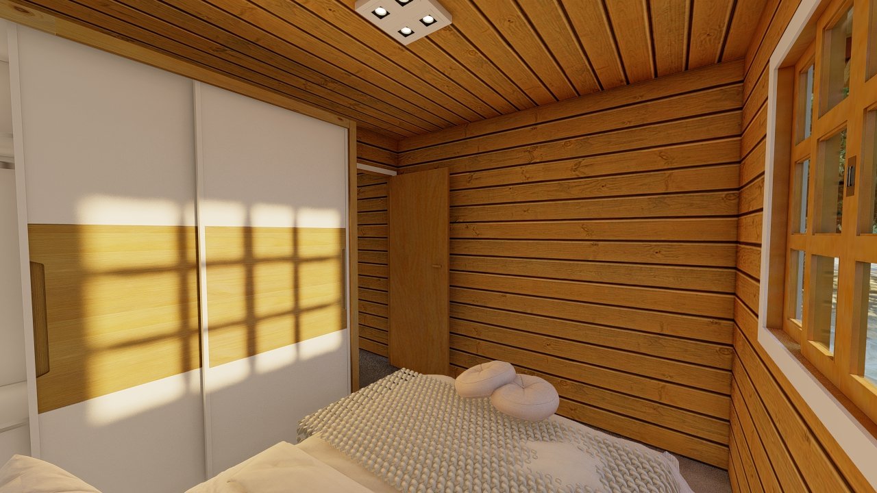 POP 2.4 45,81m² — Quarto com visão do guarda-roupa para a porta principal POP 2.4 45,81m² pré-fabricado em madeira pinus autoclave — quarto com visão do guarda-roupa para a porta principal